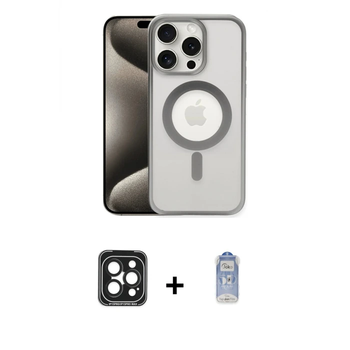ieg™ iPhone 15 Pro Max Kılıf Siluet Çizgi Serisi - Siyah Joko Magic 5D Cam + PVD Metal Kamera Lens - SH