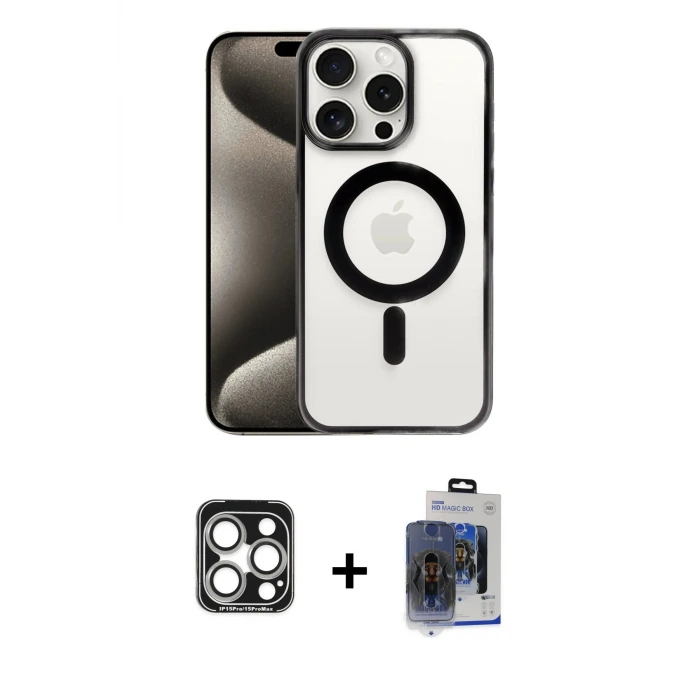 ieg™ iPhone 15 Pro Max Kılıf Siluet Çizgi Serisi - Siyah Vanessa Magic Cam + PVD Metal Kamera Lens - GS
