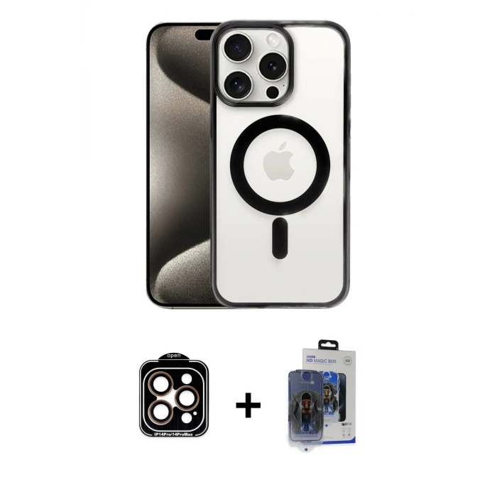 ieg™ iPhone 15 Pro Max Kılıf Siluet Çizgi Serisi - Siyah Vanessa Magic Cam + PVD Metal Kamera Lens - TU