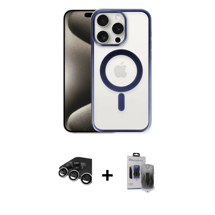 ieg™ iPhone 15 Pro Max Kılıf Siluet Çizgi Serisi - Siyah Vanessa Magic Hayalet Cam + Raze Metal Kamera Lens - GS