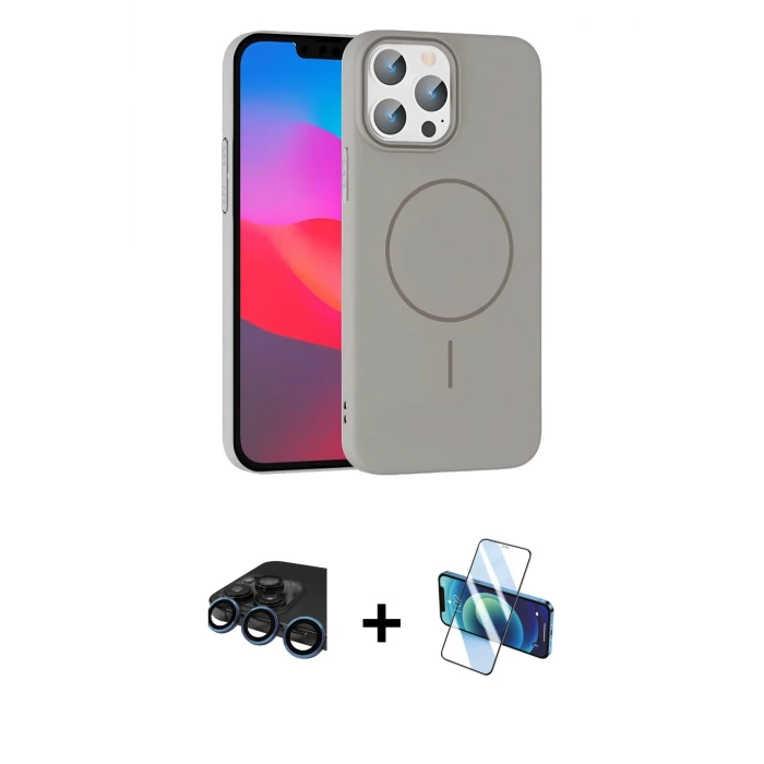 ieg™ iPhone 15 Pro Max Kılıf Siluet Doku Özel Seri - Siyah 3D Antistatik Seramik Nano Ekran Koruyucu + Raze Metal Kamera Lens - LT