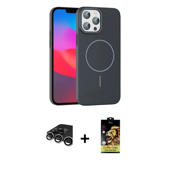 ieg™ iPhone 15 Pro Max Kılıf Siluet Doku Özel Seri - Siyah Buffer Cam Ekran Koruyucu + Raze Metal Kamera Lens - GS