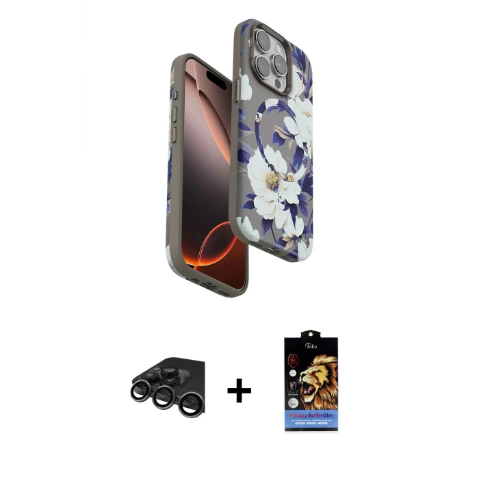 ieg™ iPhone 15 Pro Max Kılıf Siluet Doku - Siyah Buffer Hayalet Cam Ekran Koruyucu + Raze Metal Kamera Lens - TMGI