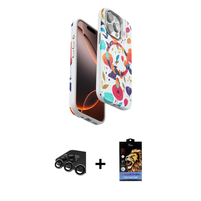 ieg™ iPhone 15 Pro Max Kılıf Siluet Doku - Siyah Buffer Hayalet Cam Ekran Koruyucu + Raze Metal Kamera Lens - TMGI