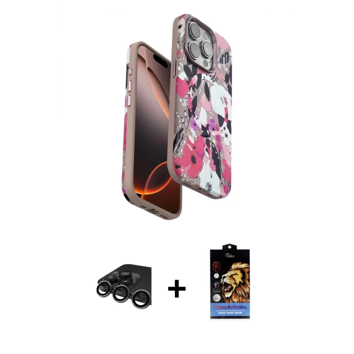 ieg™ iPhone 15 Pro Max Kılıf Siluet Doku - Siyah Buffer Hayalet Cam Ekran Koruyucu + Raze Metal Kamera Lens - TMGI