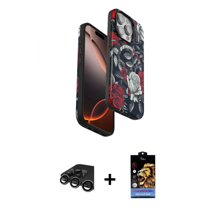 ieg™ iPhone 15 Pro Max Kılıf Siluet Doku - Siyah Buffer Hayalet Cam Ekran Koruyucu + Raze Metal Kamera Lens - TMGI