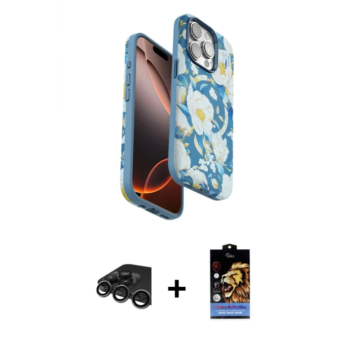 ieg™ iPhone 15 Pro Max Kılıf Siluet Doku - Siyah Buffer Hayalet Cam Ekran Koruyucu + Raze Metal Kamera Lens - TMGI