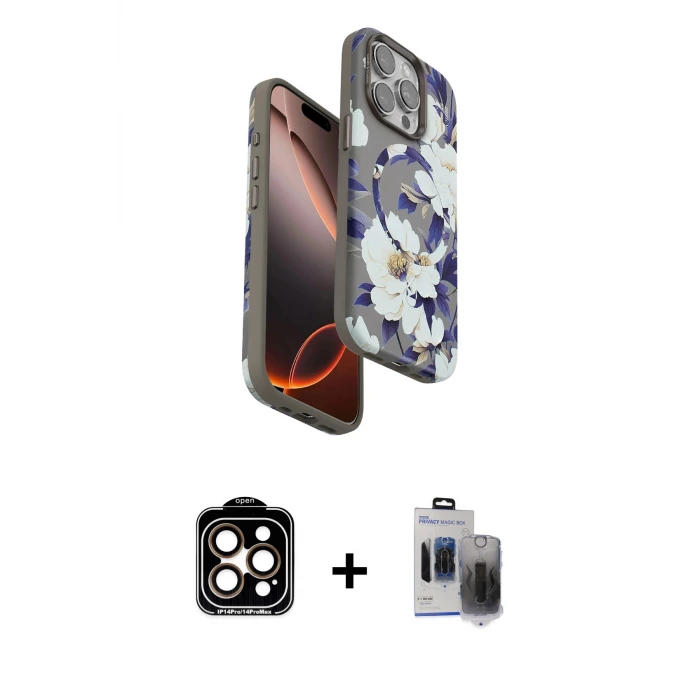 ieg™ iPhone 15 Pro Max Kılıf Siluet Doku - Siyah Vanessa Magic Hayalet Cam + PVD Metal Kamera Lens - TU