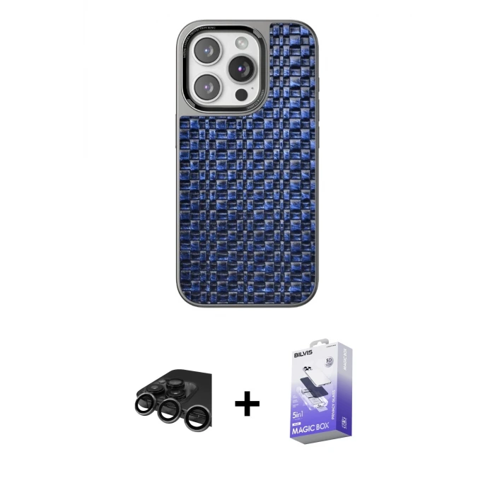 ieg™ iPhone 15 Pro Max Kılıf Siluet Form Serisi - Siyah Bilvis 5in1 5D Magic Hayalet Cam Ekran Koruyucu + Raze Metal Kamera Lens - TMGI