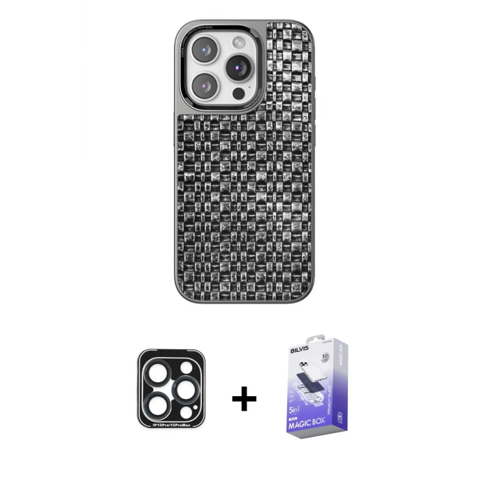 ieg™ iPhone 15 Pro Max Kılıf Siluet Form Serisi - Siyah Bilvis 5in1 5D Magic Hayalet Cam Ekran Koruyucu + PVD Metal Kamera Lens - LT
