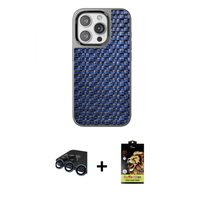 ieg™ iPhone 15 Pro Max Kılıf Siluet Form Serisi - Siyah Buffer Cam Ekran Koruyucu + Raze Metal Kamera Lens - LT