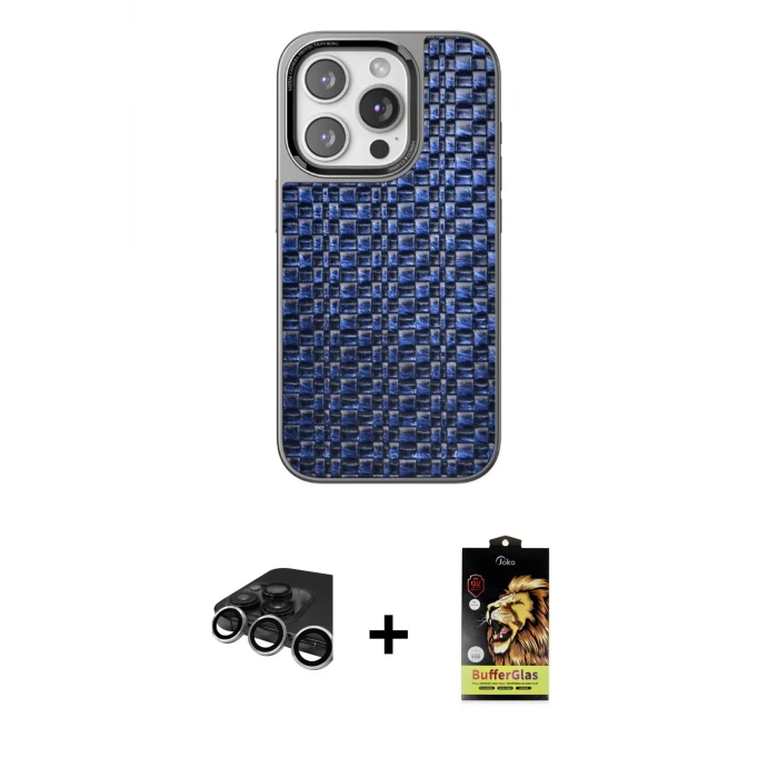 ieg™ iPhone 15 Pro Max Kılıf Siluet Form Serisi - Siyah Buffer Cam Ekran Koruyucu + Raze Metal Kamera Lens - GS