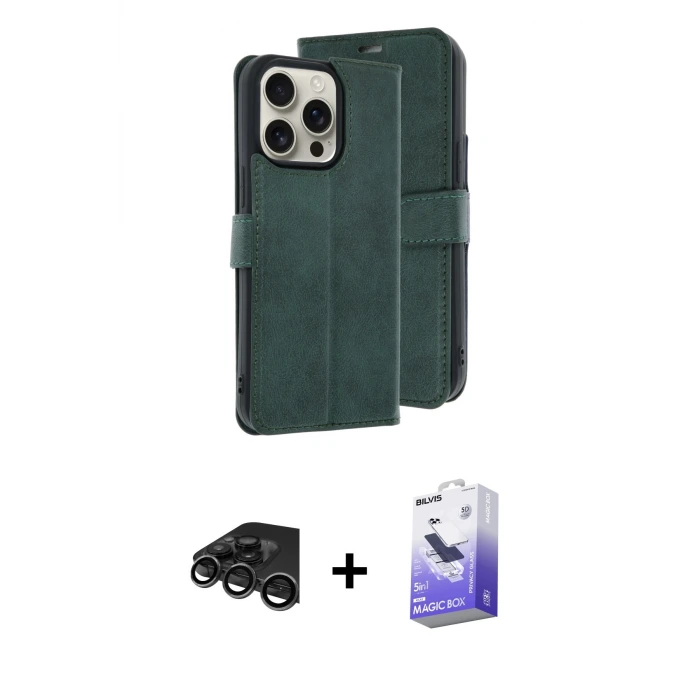 ieg™ iPhone 15 Pro Max Kılıf Siluet Işık Serisi - Siyah Bilvis 5in1 5D Magic Hayalet Cam Ekran Koruyucu + Raze Metal Kamera Lens - TMGI