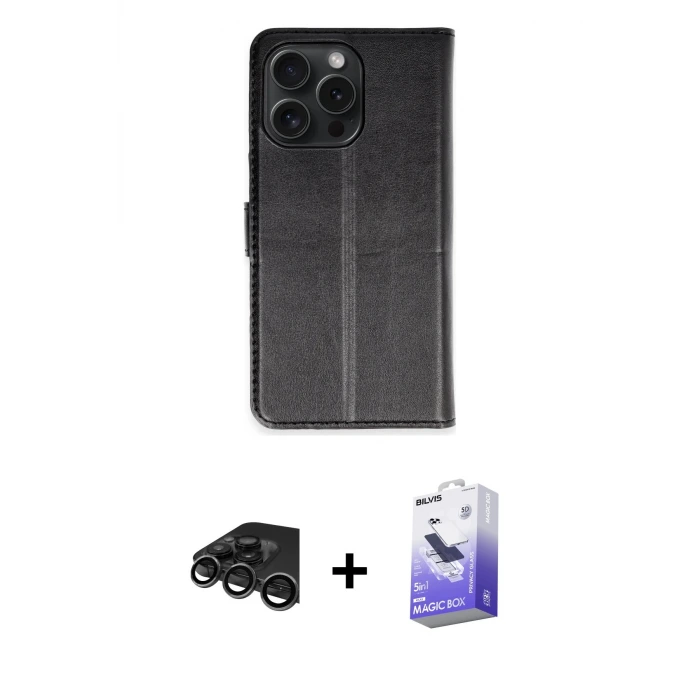 ieg™ iPhone 15 Pro Max Kılıf Siluet Işık Serisi - Siyah Bilvis 5in1 5D Magic Hayalet Cam Ekran Koruyucu + Raze Metal Kamera Lens - TMGI