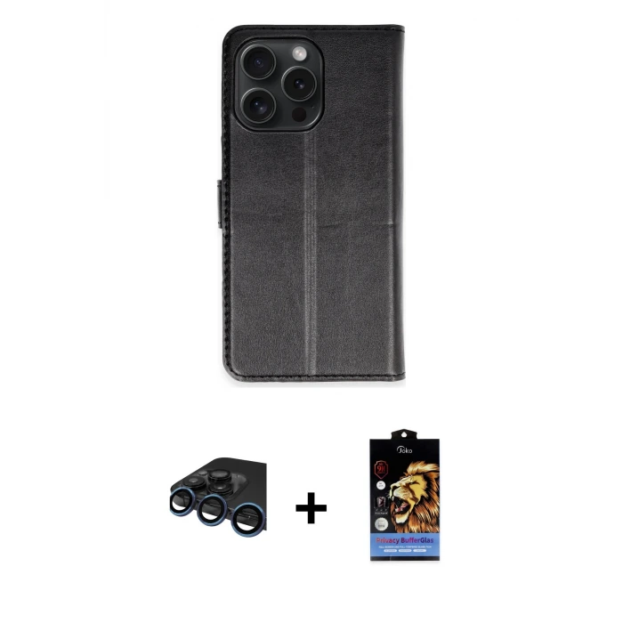 ieg™ iPhone 15 Pro Max Kılıf Siluet Işık Serisi - Siyah Buffer Hayalet Cam Ekran Koruyucu + Raze Metal Kamera Lens - LT