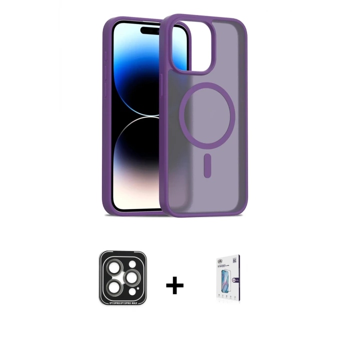 ieg™ iPhone 15 Pro Max Kılıf Siluet Minimal Prime - Siyah Bilvis 0.18mm Plus Cam Ekran Koruyucu + PVD Metal Kamera Lens - GI