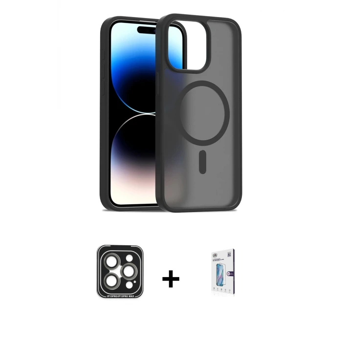 ieg™ iPhone 15 Pro Max Kılıf Siluet Minimal Prime - Siyah Bilvis 0.18mm Plus Cam Ekran Koruyucu + PVD Metal Kamera Lens - GI