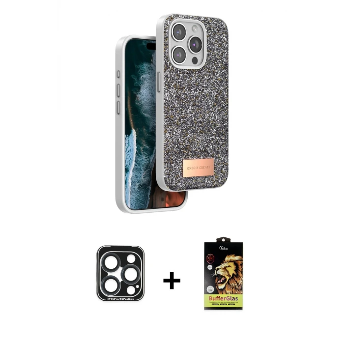 ieg™ iPhone 15 Pro Max Kılıf Vadi Klasik Serisi - Siyah Buffer Cam Ekran Koruyucu + PVD Metal Kamera Lens - LT