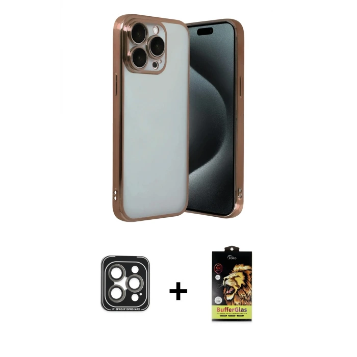 ieg™ iPhone 15 Pro Max Kılıf Vadi Minimal - Siyah Buffer Cam Ekran Koruyucu + PVD Metal Kamera Lens - GI