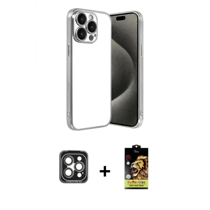 ieg™ iPhone 15 Pro Max Kılıf Vadi Minimal - Siyah Buffer Cam Ekran Koruyucu + PVD Metal Kamera Lens - GI