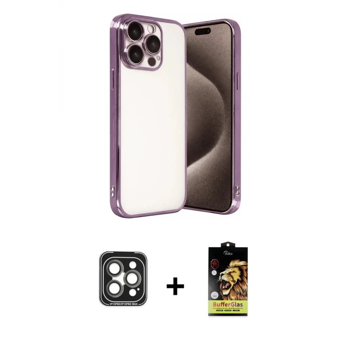 ieg™ iPhone 15 Pro Max Kılıf Vadi Minimal - Siyah Buffer Cam Ekran Koruyucu + PVD Metal Kamera Lens - GI