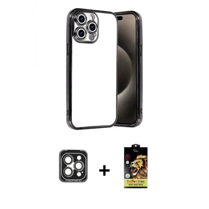 ieg™ iPhone 15 Pro Max Kılıf Vadi Minimal - Siyah Buffer Cam Ekran Koruyucu + PVD Metal Kamera Lens - GI