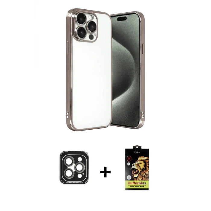 ieg™ iPhone 15 Pro Max Kılıf Vadi Minimal - Siyah Buffer Cam Ekran Koruyucu + PVD Metal Kamera Lens - GI