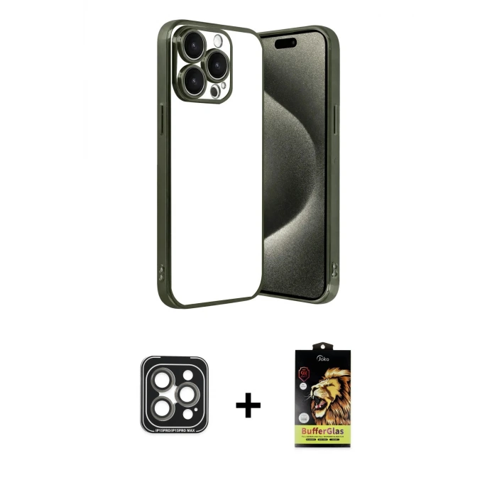 ieg™ iPhone 15 Pro Max Kılıf Vadi Minimal - Siyah Buffer Cam Ekran Koruyucu + PVD Metal Kamera Lens - GI
