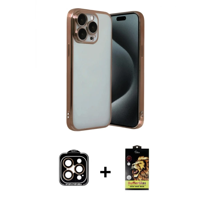 ieg™ iPhone 15 Pro Max Kılıf Vadi Minimal - Siyah Buffer Cam Ekran Koruyucu + PVD Metal Kamera Lens - TU