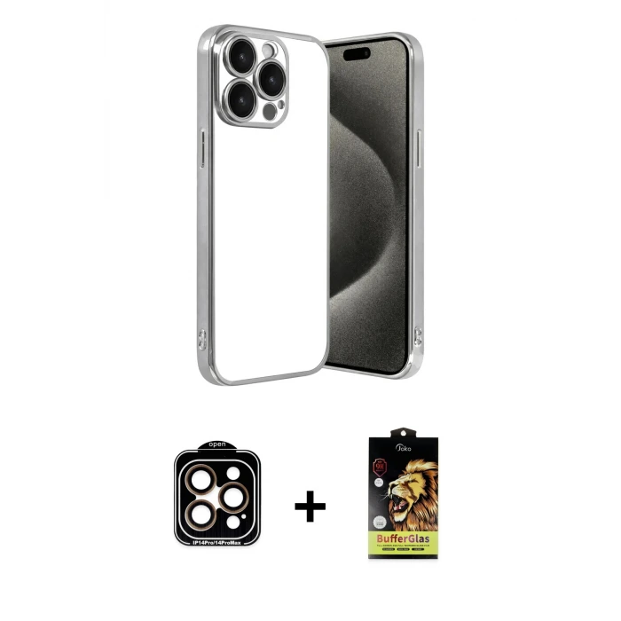 ieg™ iPhone 15 Pro Max Kılıf Vadi Minimal - Siyah Buffer Cam Ekran Koruyucu + PVD Metal Kamera Lens - TU