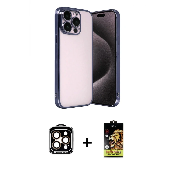 ieg™ iPhone 15 Pro Max Kılıf Vadi Minimal - Siyah Buffer Cam Ekran Koruyucu + PVD Metal Kamera Lens - TU