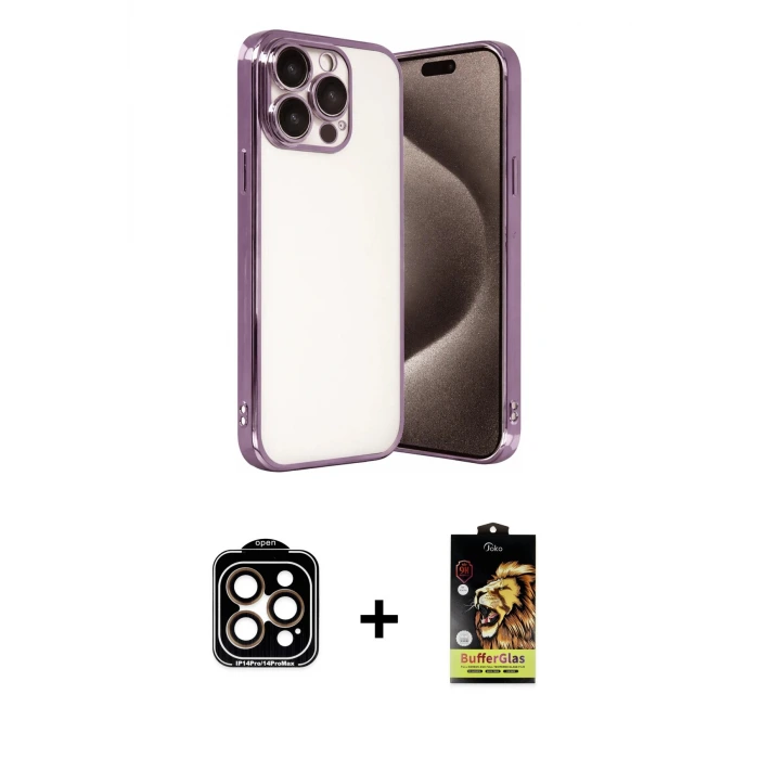 ieg™ iPhone 15 Pro Max Kılıf Vadi Minimal - Siyah Buffer Cam Ekran Koruyucu + PVD Metal Kamera Lens - TU