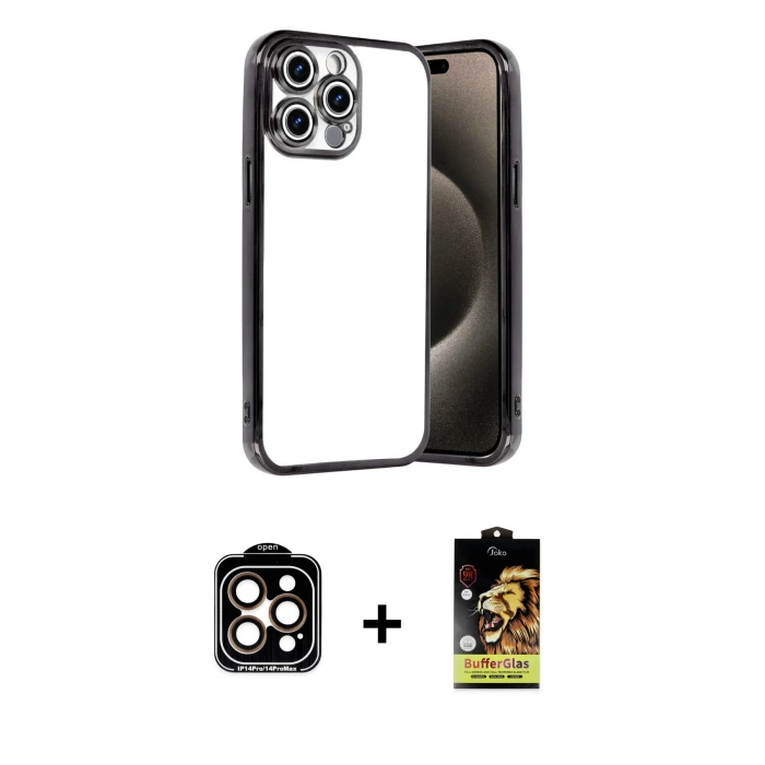 ieg™ iPhone 15 Pro Max Kılıf Vadi Minimal - Siyah Buffer Cam Ekran Koruyucu + PVD Metal Kamera Lens - TU