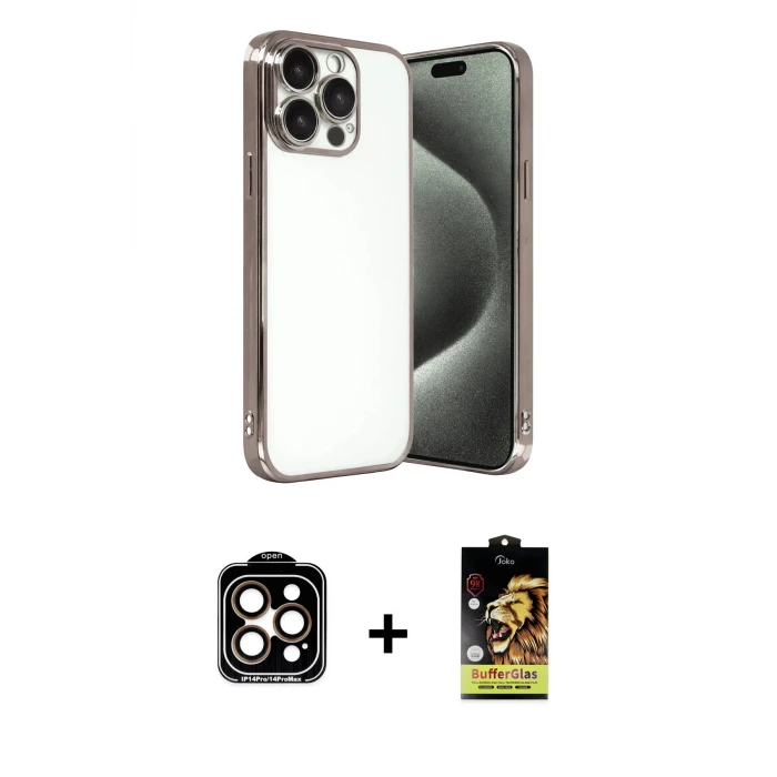 ieg™ iPhone 15 Pro Max Kılıf Vadi Minimal - Siyah Buffer Cam Ekran Koruyucu + PVD Metal Kamera Lens - TU