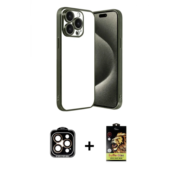 ieg™ iPhone 15 Pro Max Kılıf Vadi Minimal - Siyah Buffer Cam Ekran Koruyucu + PVD Metal Kamera Lens - TU