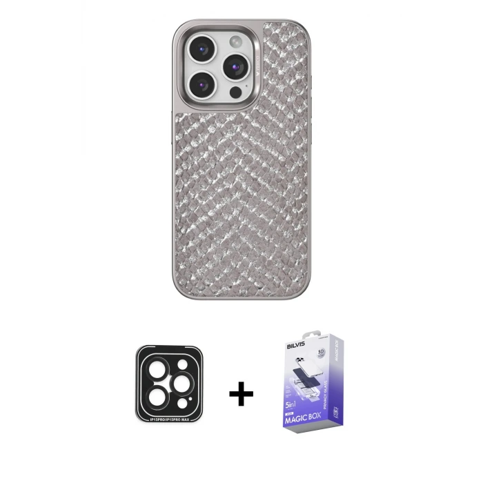 ieg™ iPhone 15 Pro Max Kılıf Vadi Özel Seri - Siyah Bilvis 5in1 5D Magic Hayalet Cam Ekran Koruyucu + PVD Metal Kamera Lens - SH