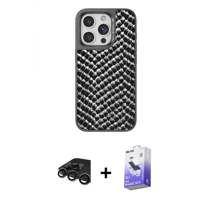 ieg™ iPhone 15 Pro Max Kılıf Vadi Özel Seri - Siyah Bilvis 5in1 5D Magic Hayalet Cam Ekran Koruyucu + Raze Metal Kamera Lens - TMGI