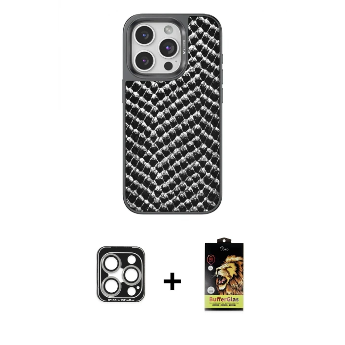 ieg™ iPhone 15 Pro Max Kılıf Vadi Özel Seri - Siyah Buffer Cam Ekran Koruyucu + PVD Metal Kamera Lens - GS