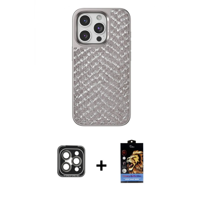 ieg™ iPhone 15 Pro Max Kılıf Vadi Özel Seri - Siyah Buffer Hayalet Cam Ekran Koruyucu + PVD Metal Kamera Lens - GI