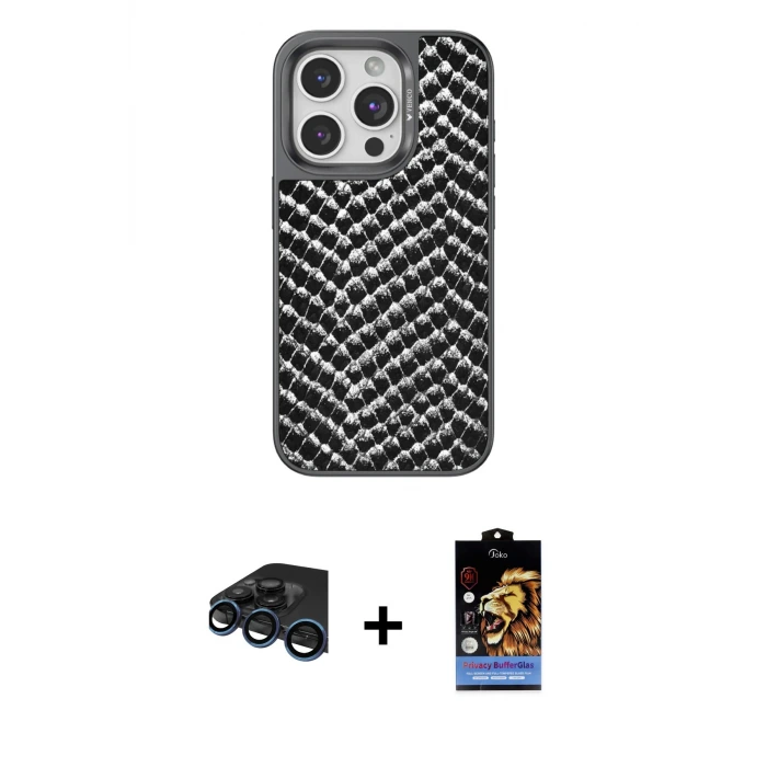 ieg™ iPhone 15 Pro Max Kılıf Vadi Özel Seri - Siyah Buffer Hayalet Cam Ekran Koruyucu + Raze Metal Kamera Lens - LT