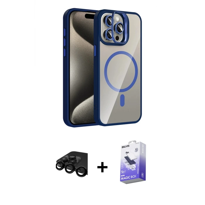 ieg™ iPhone 15 Pro Max Kılıf Yadigar Asil Koleksiyonu - Siyah Bilvis 5in1 5D Magic Hayalet Cam Ekran Koruyucu + Raze Metal Kamera Lens - SH
