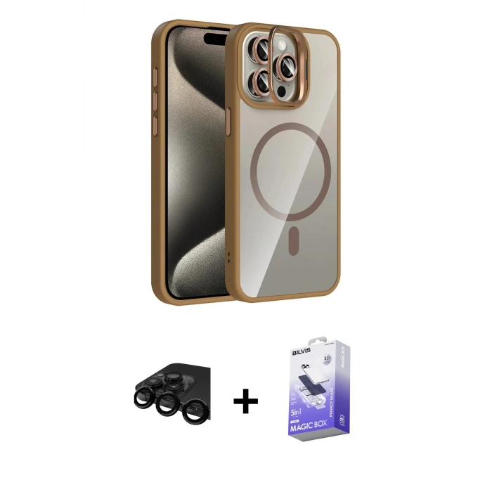 ieg™ iPhone 15 Pro Max Kılıf Yadigar Asil Koleksiyonu - Siyah Bilvis 5in1 5D Magic Hayalet Cam Ekran Koruyucu + Raze Metal Kamera Lens - SH
