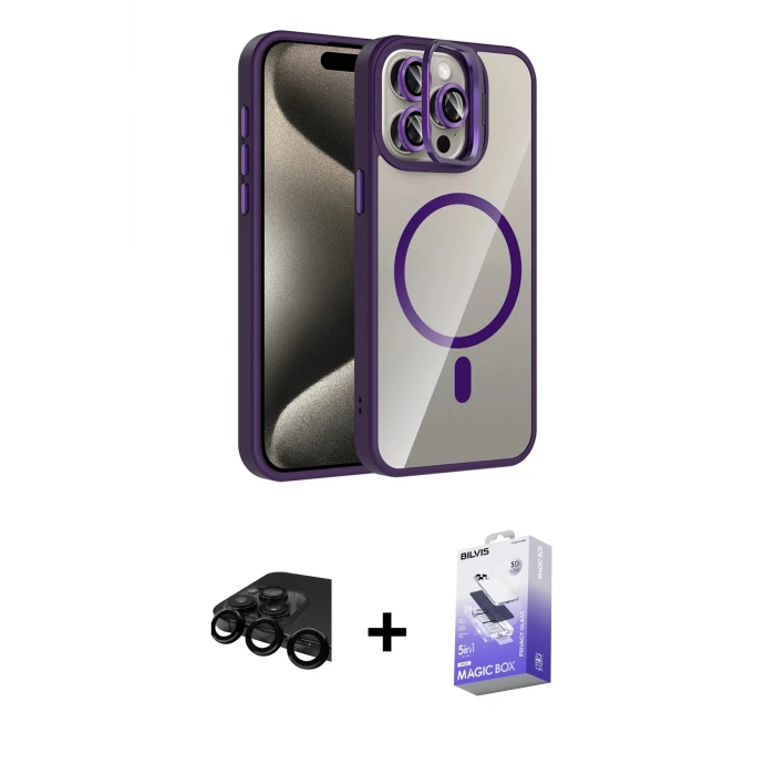 ieg™ iPhone 15 Pro Max Kılıf Yadigar Asil Koleksiyonu - Siyah Bilvis 5in1 5D Magic Hayalet Cam Ekran Koruyucu + Raze Metal Kamera Lens - SH