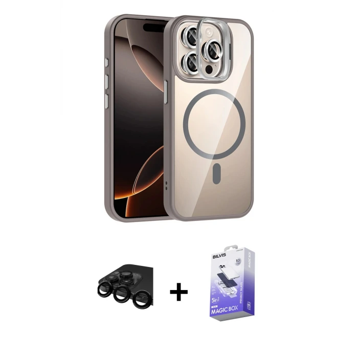 ieg™ iPhone 15 Pro Max Kılıf Yadigar Asil Koleksiyonu - Siyah Bilvis 5in1 5D Magic Hayalet Cam Ekran Koruyucu + Raze Metal Kamera Lens - SH