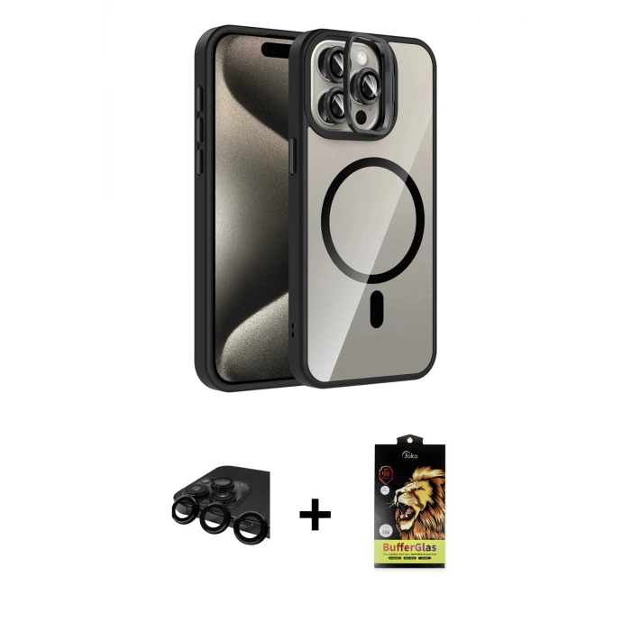 ieg™ iPhone 15 Pro Max Kılıf Yadigar Asil Koleksiyonu - Siyah Buffer Cam Ekran Koruyucu + Raze Metal Kamera Lens - SH