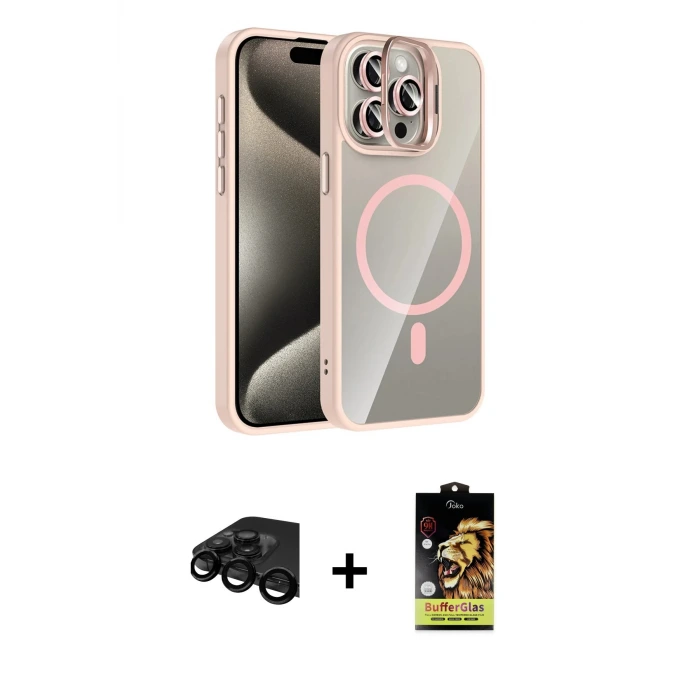 ieg™ iPhone 15 Pro Max Kılıf Yadigar Asil Koleksiyonu - Siyah Buffer Cam Ekran Koruyucu + Raze Metal Kamera Lens - SH