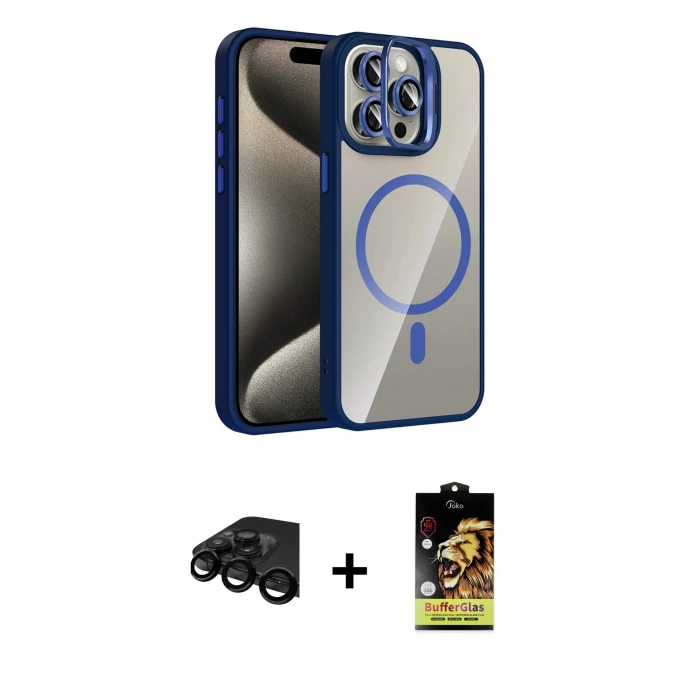ieg™ iPhone 15 Pro Max Kılıf Yadigar Asil Koleksiyonu - Siyah Buffer Cam Ekran Koruyucu + Raze Metal Kamera Lens - SH