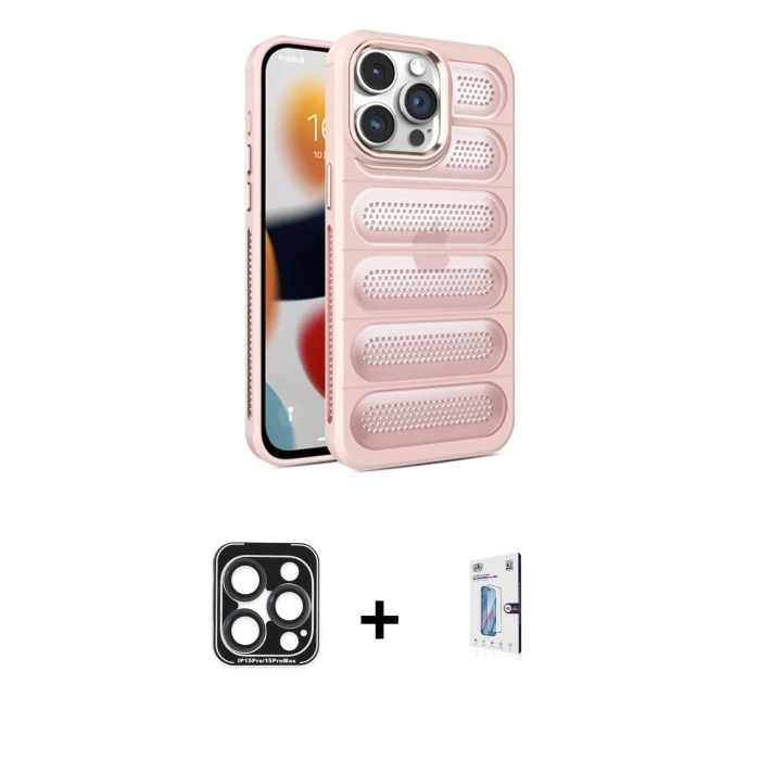 ieg™ iPhone 15 Pro Max Kılıf Yadigar Doku Özel Seri - Siyah Bilvis 0.18mm Plus Cam Ekran Koruyucu + PVD Metal Kamera Lens - LT