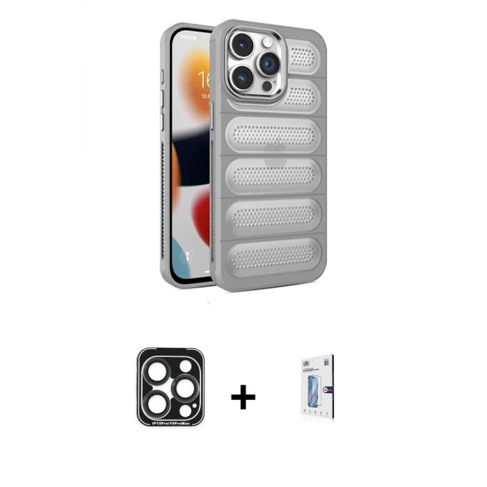 ieg™ iPhone 15 Pro Max Kılıf Yadigar Doku Özel Seri - Siyah Bilvis 0.18mm Plus Cam Ekran Koruyucu + PVD Metal Kamera Lens - LT