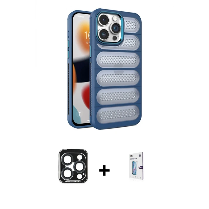 ieg™ iPhone 15 Pro Max Kılıf Yadigar Doku Özel Seri - Siyah Bilvis 0.18mm Plus Cam Ekran Koruyucu + PVD Metal Kamera Lens - LT